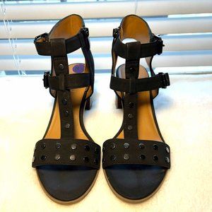 Franco Sarto Haven black suede strappy sandals block heel side buckle 8.5 M